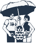 Three people holding an umbrella and a tray of food.